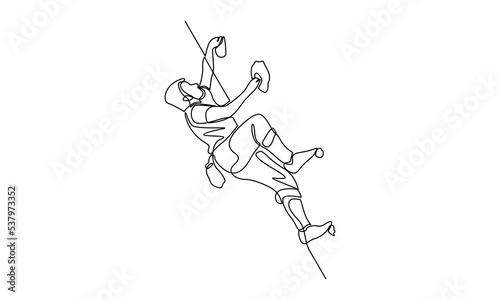Continuous line of young active man climbing on cliff mountain