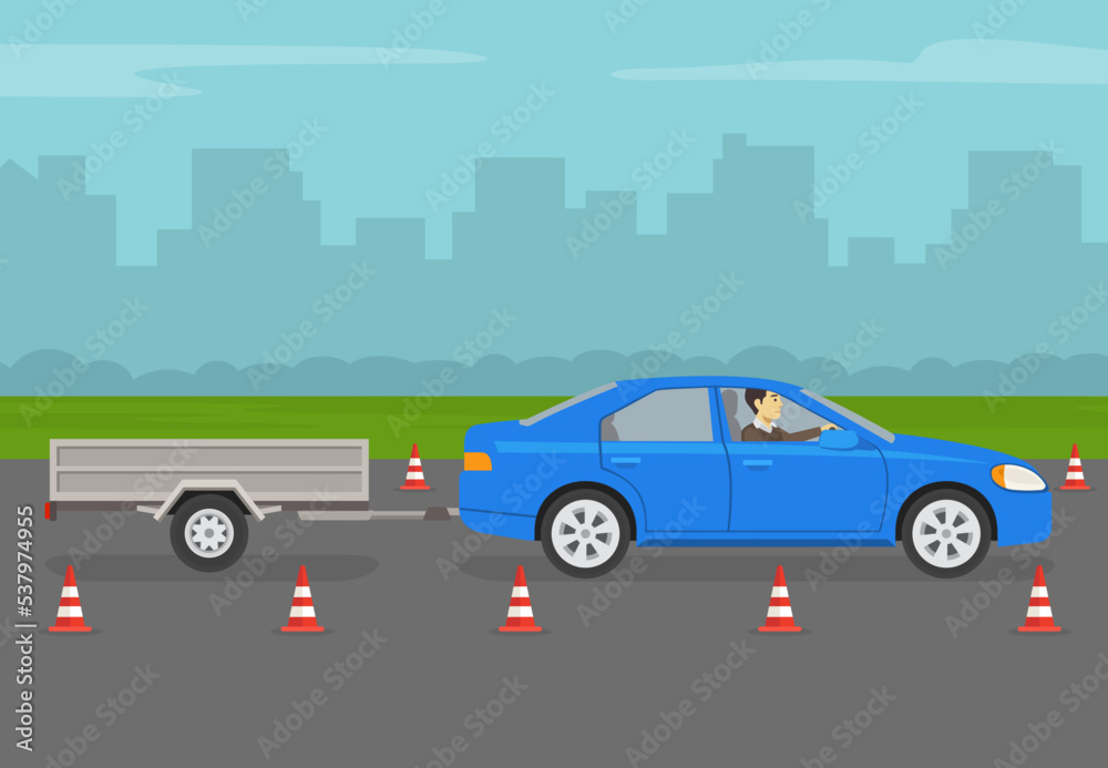 Car drive practicing. Blue sedan making a trailer towing practice. Side view. Flat vector illustration template. Car drive practicing. Blue sedan making a trailer towing practice. Side view. Flat vector illustration template.