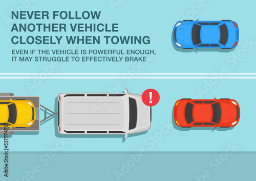 Open car hauler trailer with vehicle on it. Never follow another vehicle closely when towing. Top view of city road.