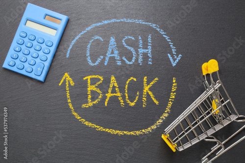 Cash back shopping offer concept, words written in chalk on black stone with shopping and calculator