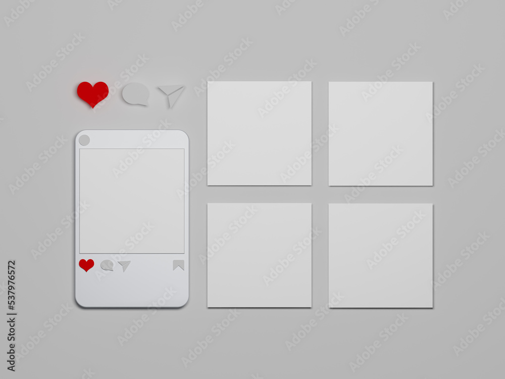 Social media post mockup 3d rendering with white background. app interface, mobile interface