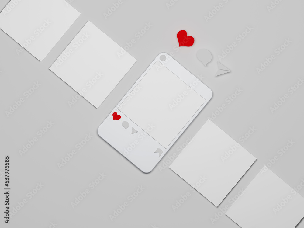 Social media post mockup 3d rendering with white background. app interface, mobile interface