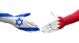 Handshake between Bahrain and Israel flags painted on hands, isolated transparent image.