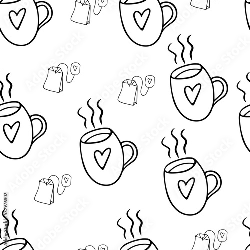 Seamless pattern of tea cups and tea bags