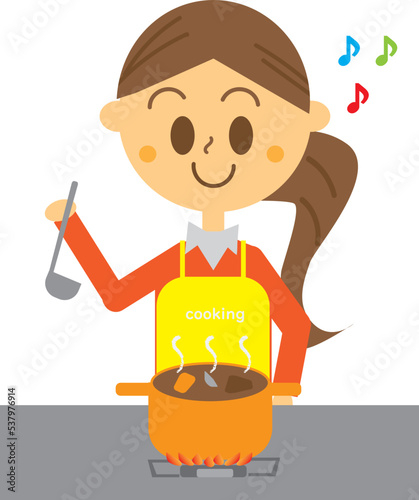 キッチンのコンロでカレーを作っている女性のイラスト・主婦・ビーフカレー・煮込み料理