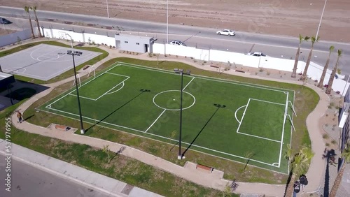 View of a drone flying left around a soccer field