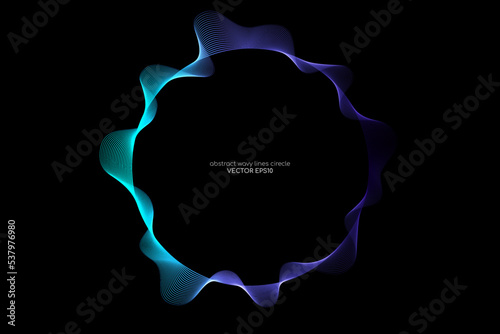 Vector abstract circle frame with wave lines pattern flowing in blue green gradient light isolated on black background in concept of music, technology, science, modern.
