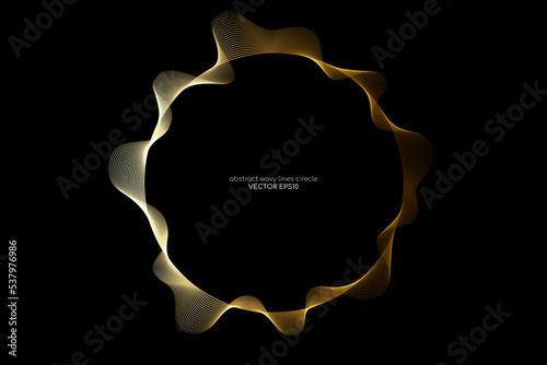 Vector abstract circles lines wavy in round frame gold light isolated on black background with empty space for text in luxury style.