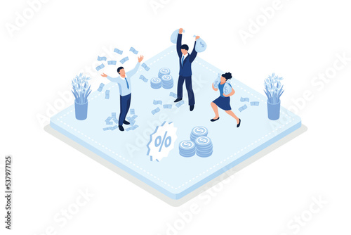 Passive income, Characters enjoying free of debts people planning budget, isometric vector modern illustration