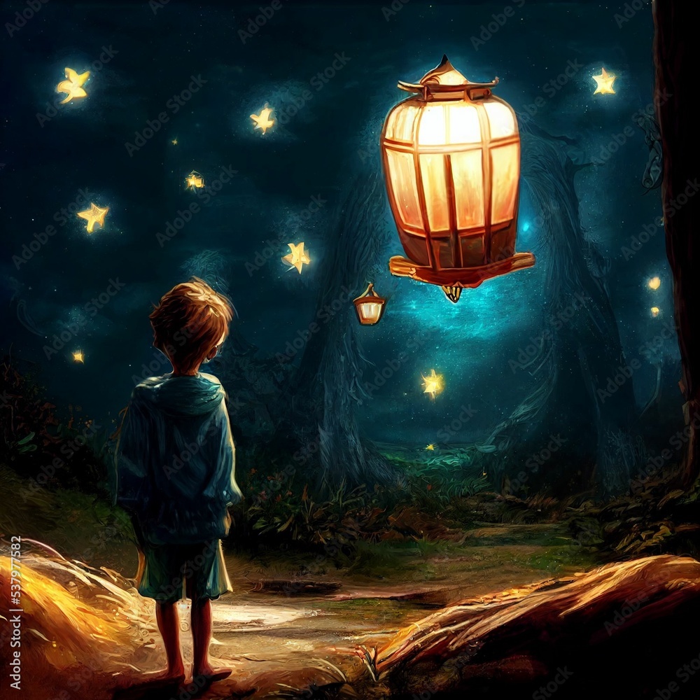 Ai generated illustration of a boy standing in front of a lantern with ...