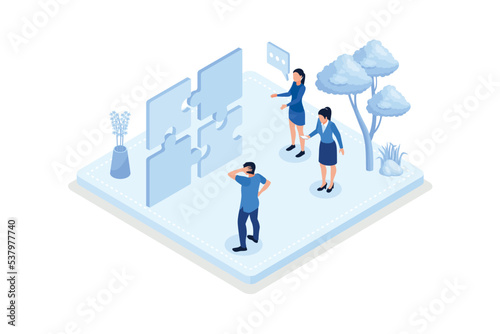 Business strategy, Characters assembling jigsaw puzzle, isometric vector modern illustration