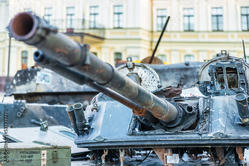 Destroyed Russian military equipment on display in the center of Kyiv on Mikhailovskaya Square. War in Ukraine, tanks, armored personnel carriers photo