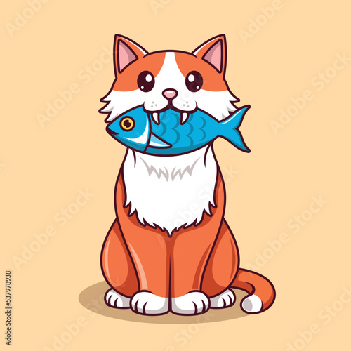 Cute cat biting fish. Cartoon illustration of cute cat stealing fish with innocent face.
