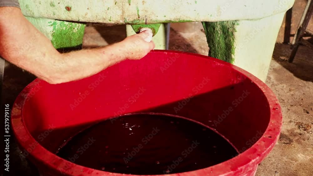 new red wine flowing from tank from recent grape harvest filtering