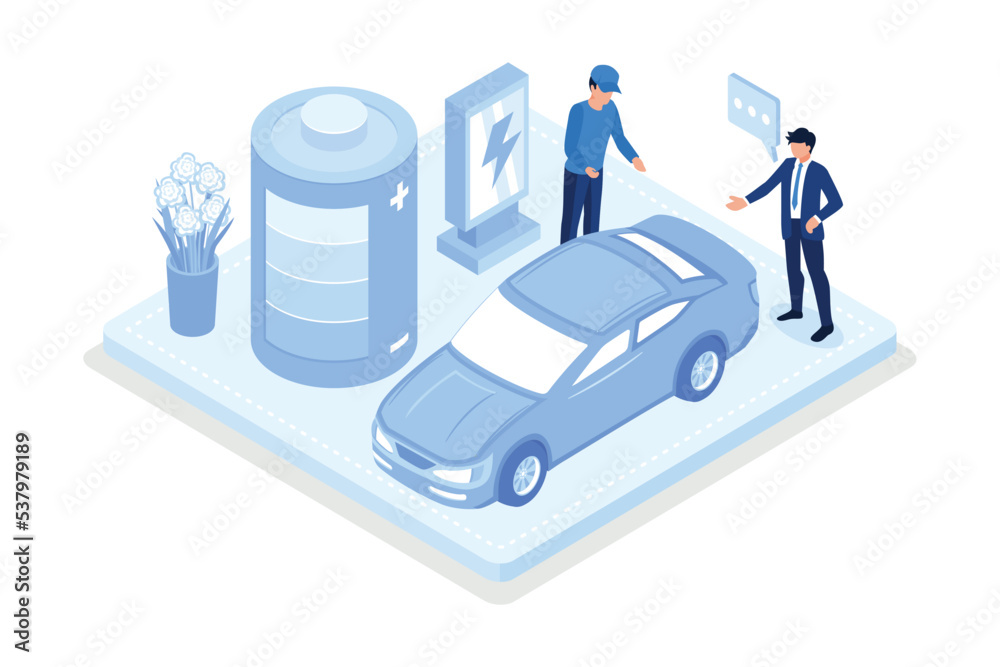 Sustainability, People trying to save planet earth with electric car with battery, isometric vector modern illustration Sustainability, People trying to save planet earth with electric car with battery, isometric vector modern illustration