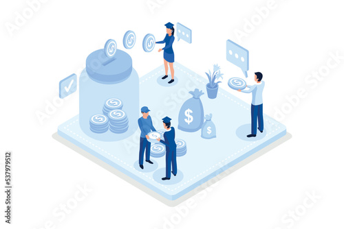 Student characters investing money in education and knowledge, isometric vector modern illustration