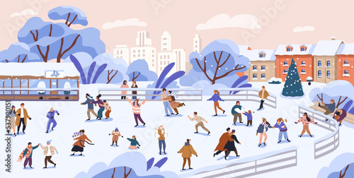 People skating at winter ice rink. Crowd of happy skaters during city outdoor activity on vacation. Active men, women, kids fun in cold weather in December, urban landscape. Flat vector illustration