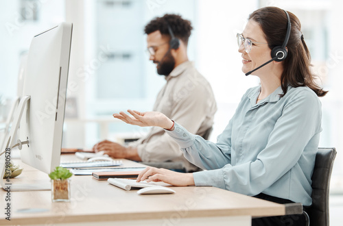 Woman, call center and smile at computer for customer support, crm or help in phone call. Consultant, agent or worker is happy for consulting at customer service, telemarketing or support job with pc