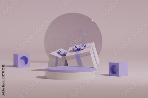 3D podium display on pastel purple  background with floating gifts .  Minimal pedestal for beauty  cosmetic product. Valentine  holiday  feminine copy space template 3d render 