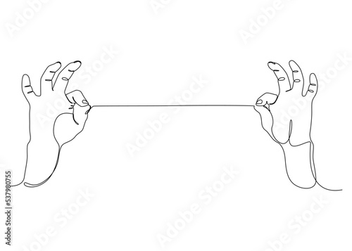 One continuous line drawing of two hand holding a string. Thin Line Illustration vector concept. Contour Drawing Creative ideas.