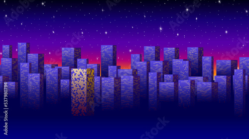 Neon city landscape with synthwave or 80s style. Abstract skyline buildings on the blue sky horizon.