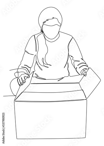 One continuous line drawing of woman shopper unboxing mail package. Thin Line Illustration vector concept. Contour Drawing Creative ideas.