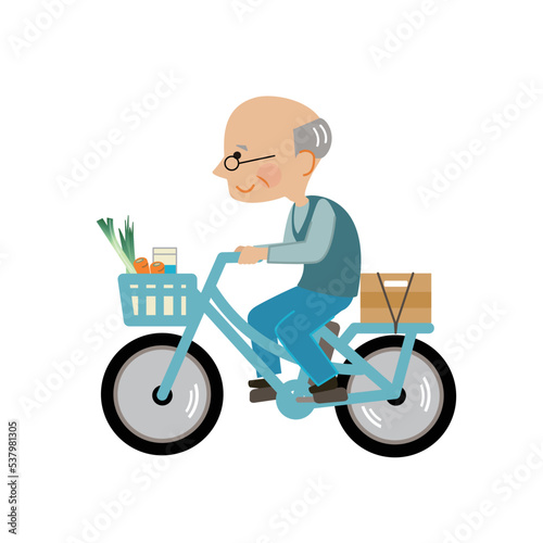 買い物　自転車に乗る高齢者のイラスト素材