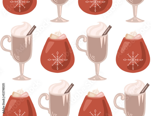 Wallpaper with flat hand drawn cups with eggnog and chocolate. Vector seamless Christmas pattern with holiday beverages.