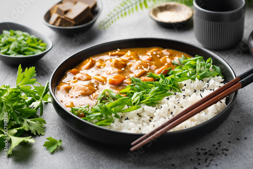 Japanese curry with rice on a concrete background, selective focus