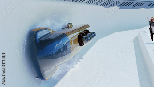 Bob running on ice track competition. Bobsleigh sport. Render 3D. Illustration.