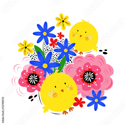 Сute chickens with flowers