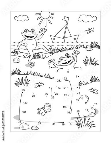 Rubber boots and playful frogs on a shore dot-to-dot picture puzzle and coloring page, poster, sign or banner black and white activity sheet 
