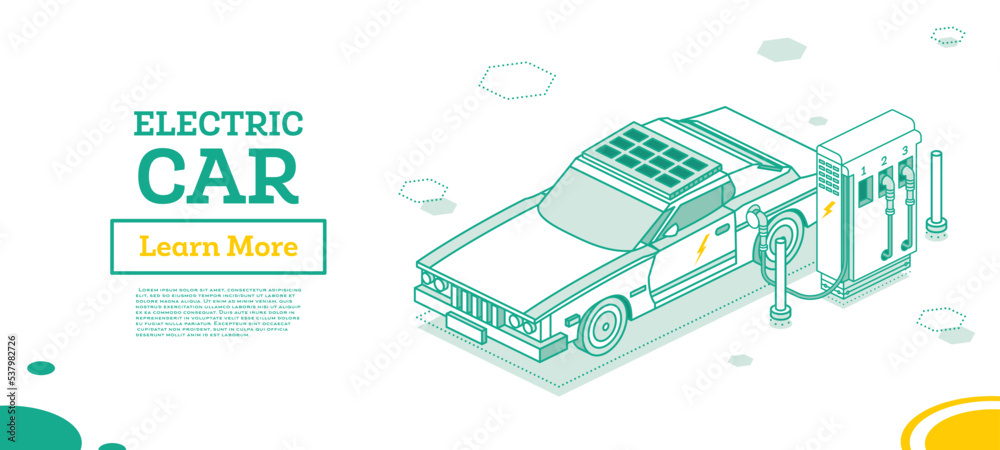 Obraz premium Electric Vehicle on Charging Station. Isometric Outline Concept.