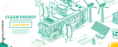 Electric Bus with Charging Station. Isometric Outline Concept. Solar Panels and Wind Turbines on a Background.