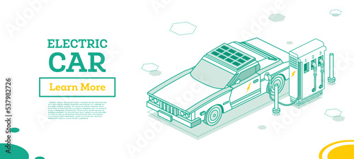 Electric Vehicle on Charging Station. Isometric Outline Concept. © BooblGum