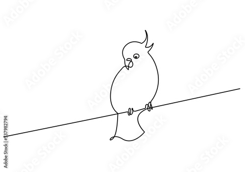 Bird Continuous One Line Drawing. Parrot Simple One Line Drawing. Cockatoo Minimalist Contour Illustration. Vector EPS 10.