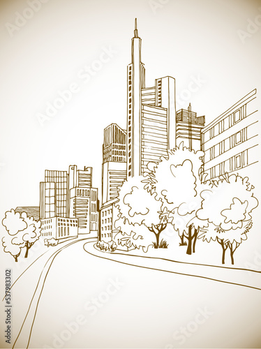 Sepia Urban sketch with landscape of the old European city. Germany. Line Art. Frankfurt am Main. Old street in hand drawn style on white background