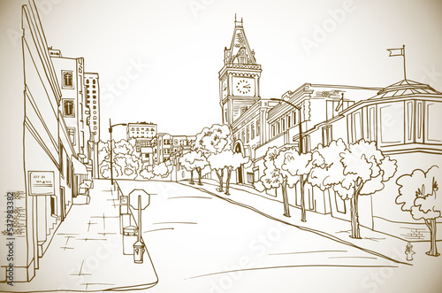 Old city street in hand drawn line sketch style. Urban romantic landscape. San Francisco, California, USA. Sepia illustration on white background