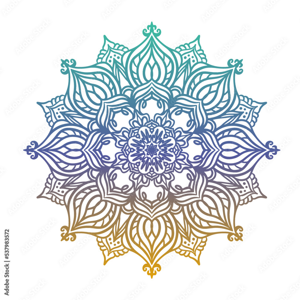 Round gradient mandala on white isolated background. Vector boho mandala in green and pink colors. Mandala with floral patterns.