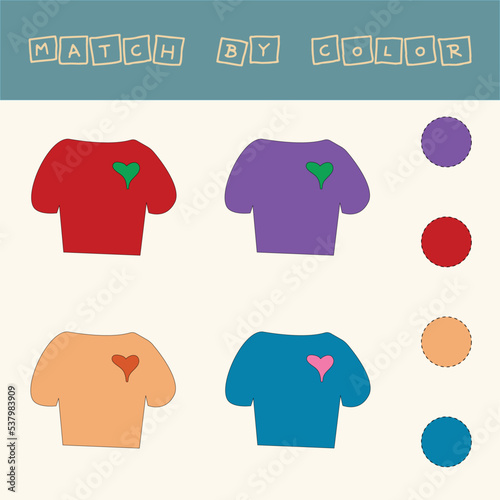 worksheet vector design, challenge to connect the t-shirts with its color. Logic game for children.