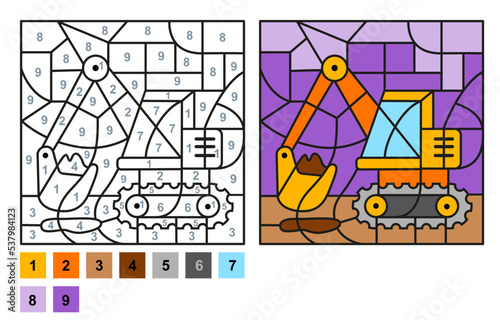 Vector coloring page for children education and activities. Puzzle game color by number excavator photo