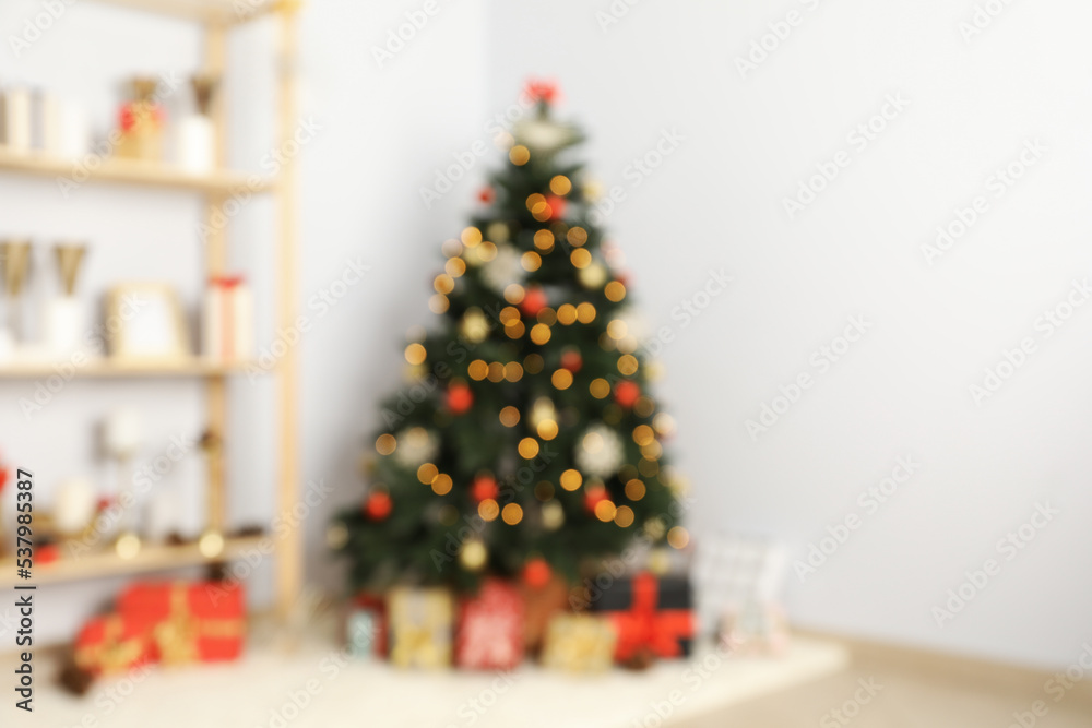 Concept of Happy New Year, Christmas tree in home room