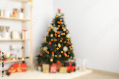Concept of Happy New Year, Christmas tree in home room