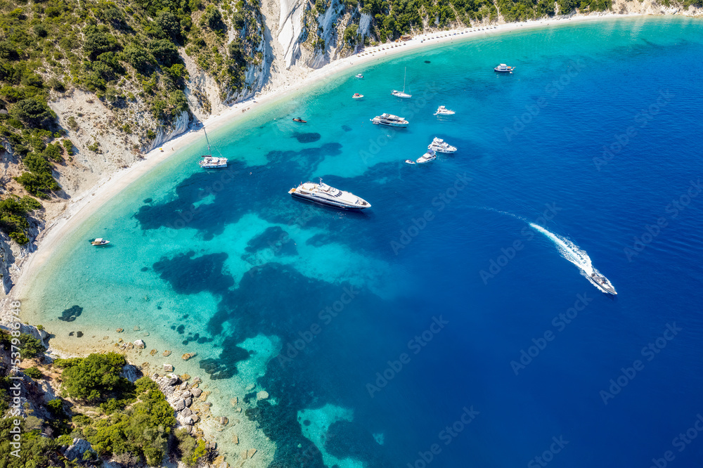 Aerial photo of the paradise beach of Gidaki in Ithaca, the beautiful  Ionian island of Greece.