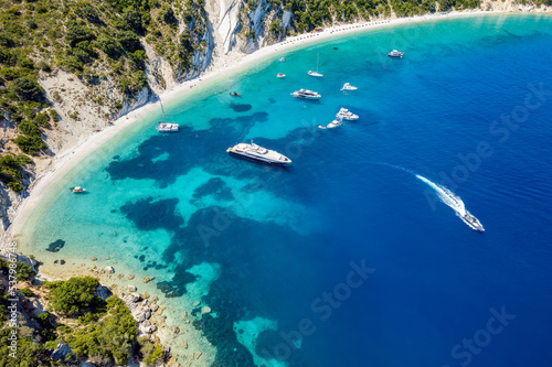 Aerial photo of the paradise beach of Gidaki in Ithaca  the beautiful  Ionian island of Greece.