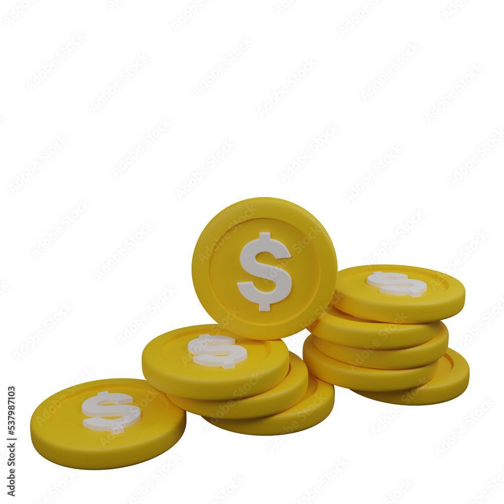 Coins stack 3d rendering, coins icon, coin standing on stacked coins modern design, coins pile, coins money