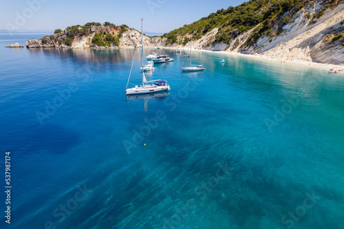 Aerial photo of the paradise beach of Gidaki in Ithaca, the beautiful Ionian island of Greece.