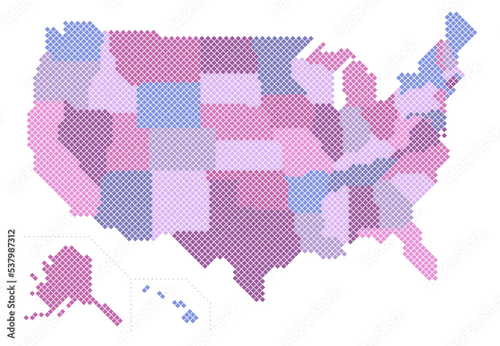 USA square dots map state division, Vector illustration, Layering of states.State name notation in layers (Japanese/English).