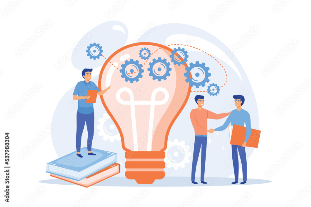 Businessmen handshake and big bulb with rotating gears. Business idea, business launcher and development, business plan concept on white background, flat vector modern illustration