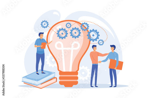 Businessmen handshake and big bulb with rotating gears. Business idea, business launcher and development, business plan concept on white background, flat vector modern illustration